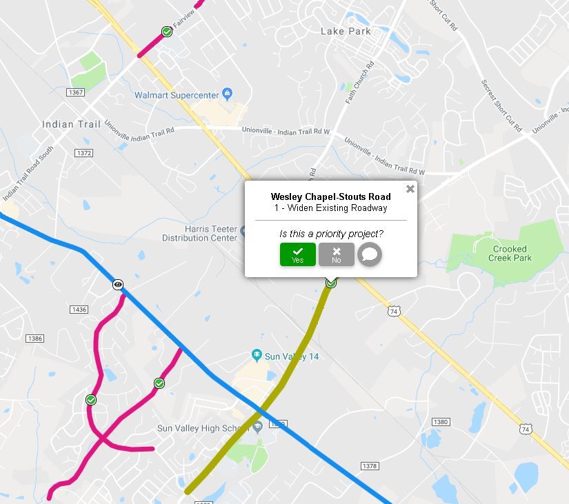 A map showing potential road projects around Indian Trail