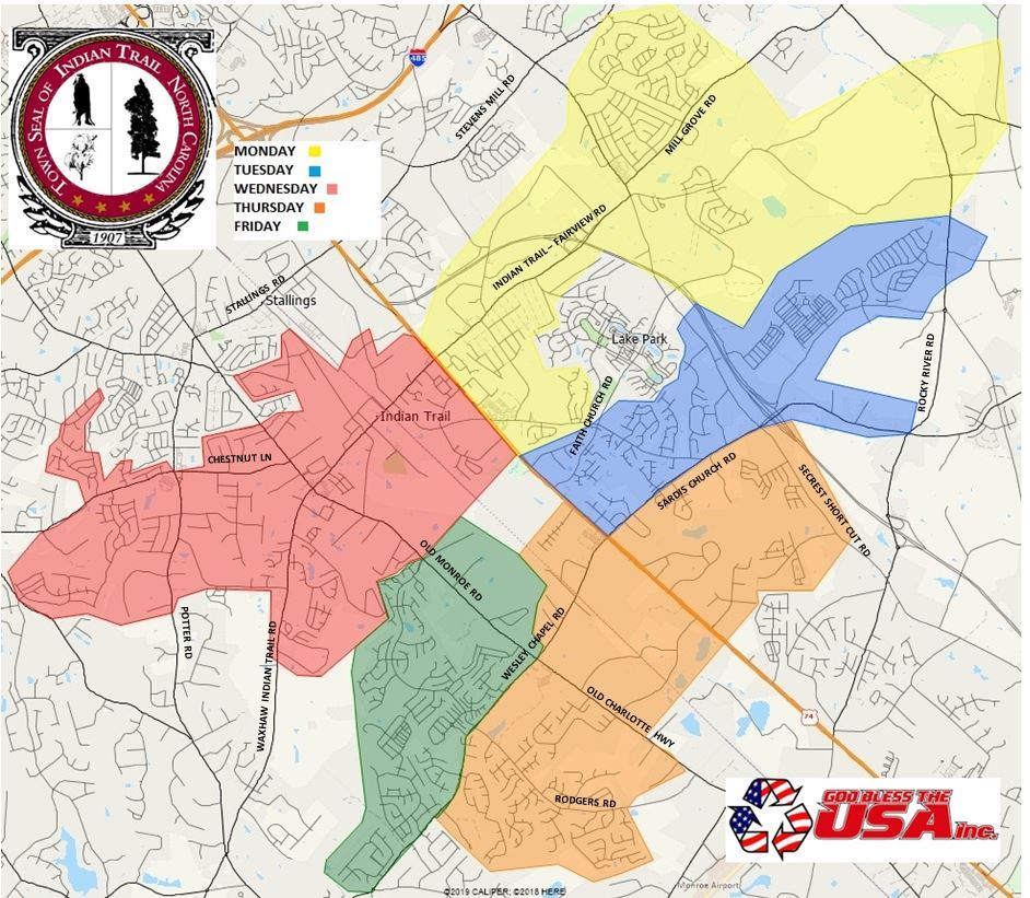 Map of Indian Trail Solid Waste Routes by Day