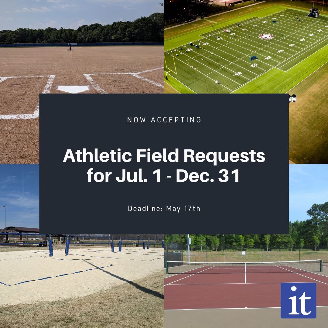 A football field, baseball diamond, tennis court and volleyball court are shown in a collage. 