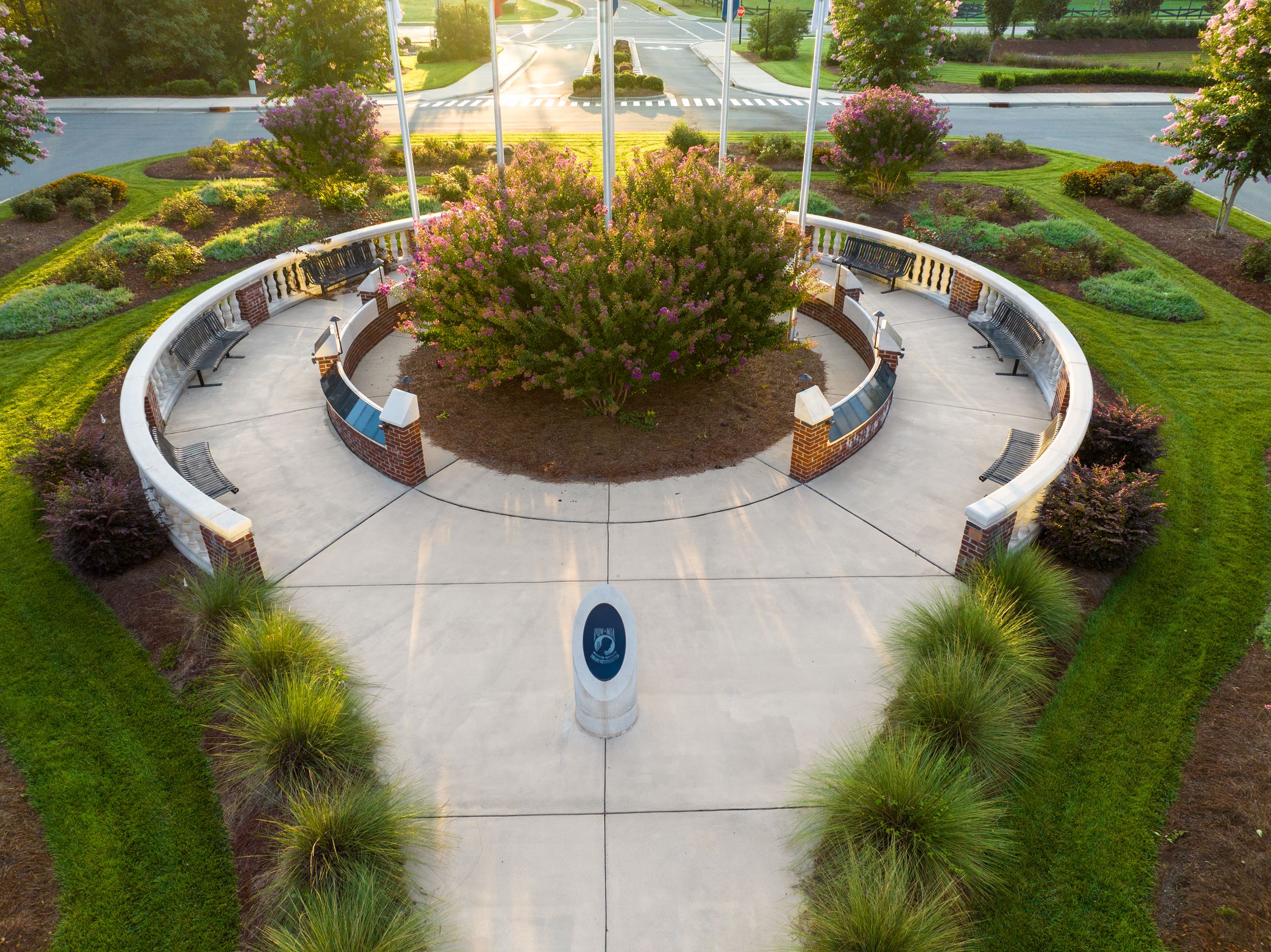 An aerial view of the Veterans Memorial Garden highlighting the MIA-POW statue.