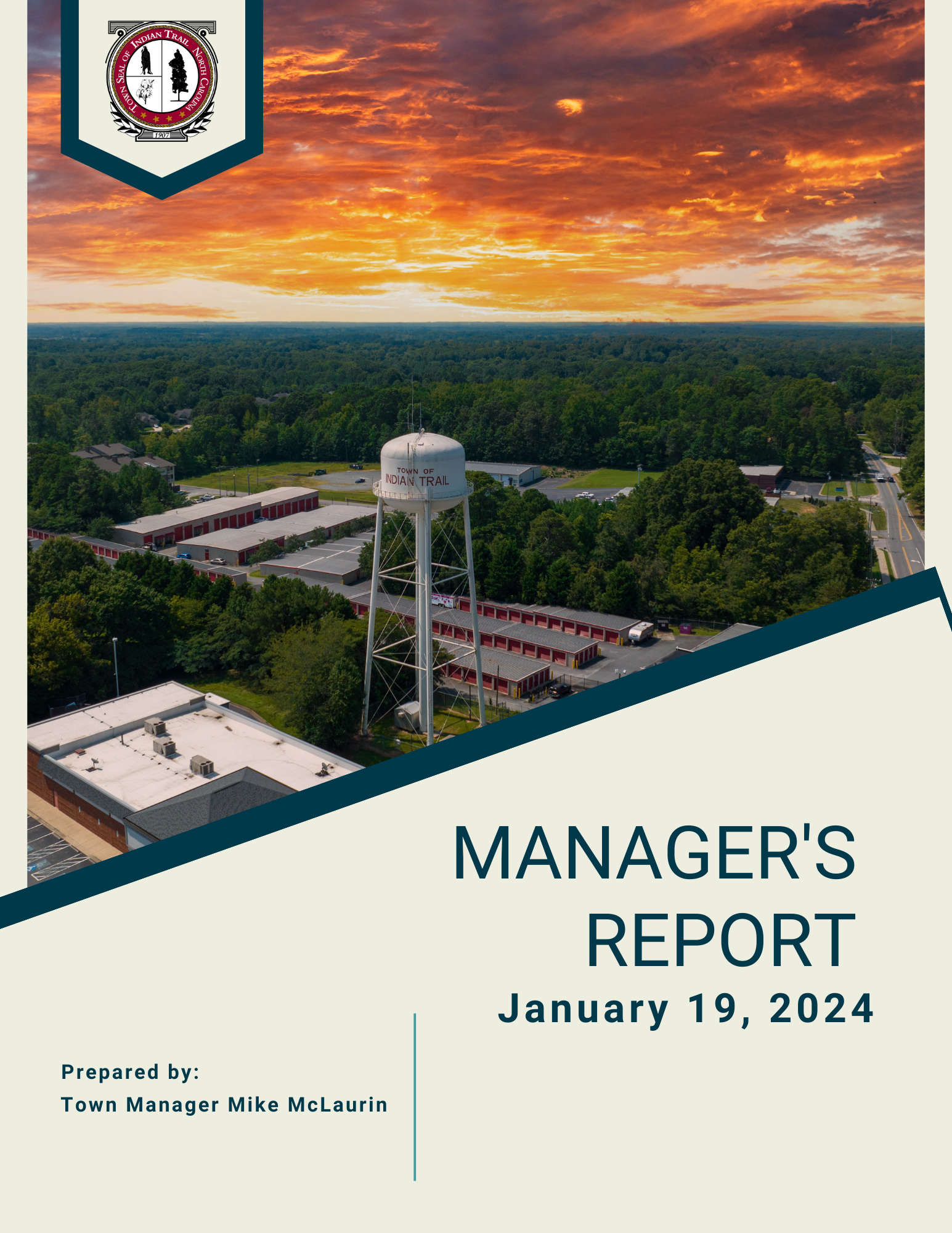 January 19 Manager's Report Cover featuring the Indian Trail Water Tower