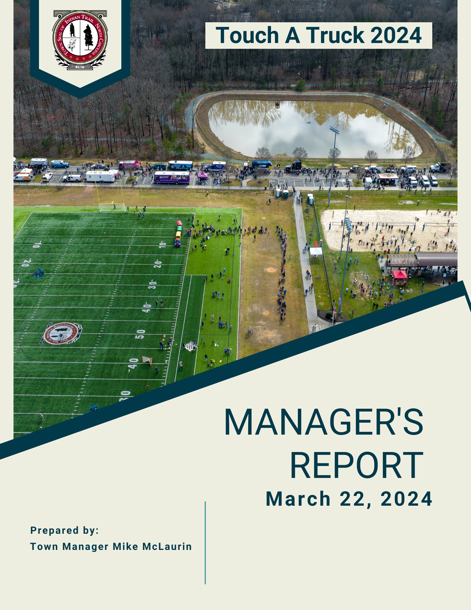 March 22 Manager's Report Cover showing an aerial view of the Touch A Truck event.