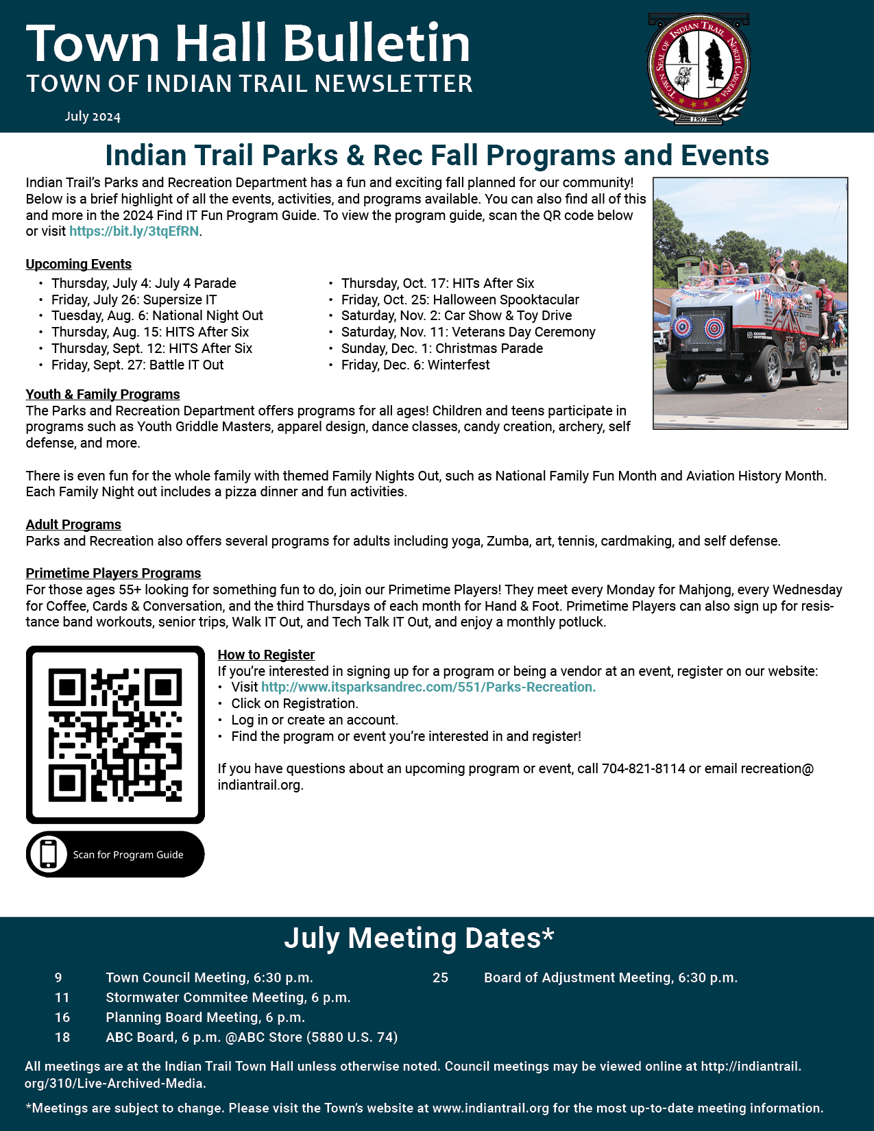 July Newsletter Cover featuring parks and rec programs and events